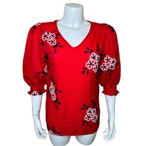 Kindred Anthropologie Embroidered Top Blouse S Red Floral V-neck
